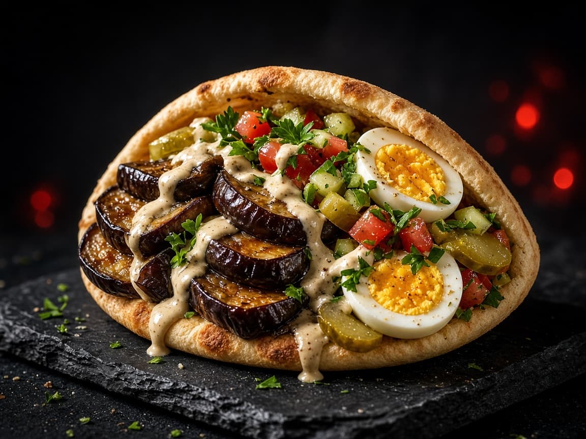 סביח. חציל, ביצה וסלטים בפיתה.